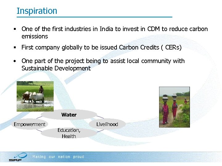 Inspiration § One of the first industries in India to invest in CDM to