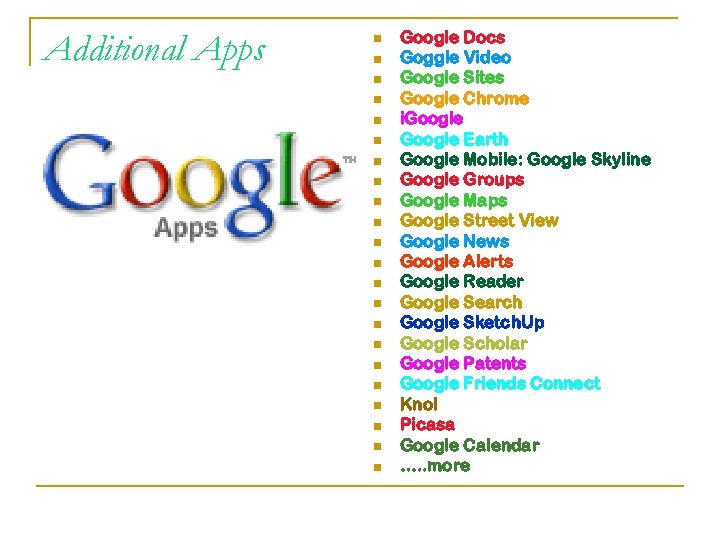 Additional Apps n n n n n n Google Docs Goggle Video Google Sites