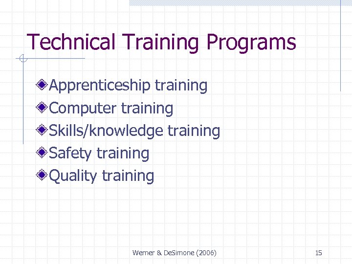 Technical Training Programs Apprenticeship training Computer training Skills/knowledge training Safety training Quality training Werner