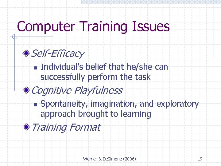 Computer Training Issues Self-Efficacy n Individual’s belief that he/she can successfully perform the task