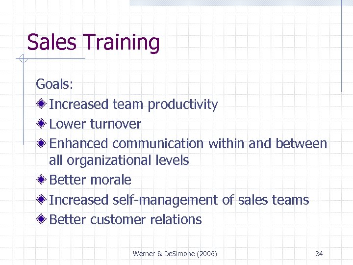 Sales Training Goals: Increased team productivity Lower turnover Enhanced communication within and between all