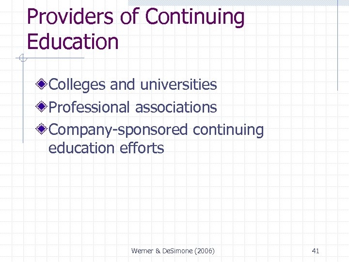 Providers of Continuing Education Colleges and universities Professional associations Company-sponsored continuing education efforts Werner