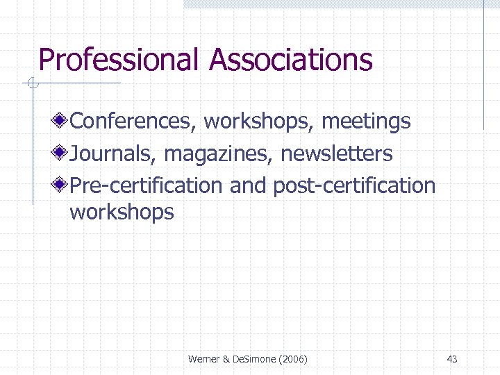 Professional Associations Conferences, workshops, meetings Journals, magazines, newsletters Pre-certification and post-certification workshops Werner &