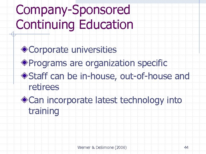 Company-Sponsored Continuing Education Corporate universities Programs are organization specific Staff can be in-house, out-of-house