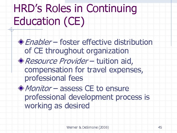 HRD’s Roles in Continuing Education (CE) Enabler – foster effective distribution of CE throughout