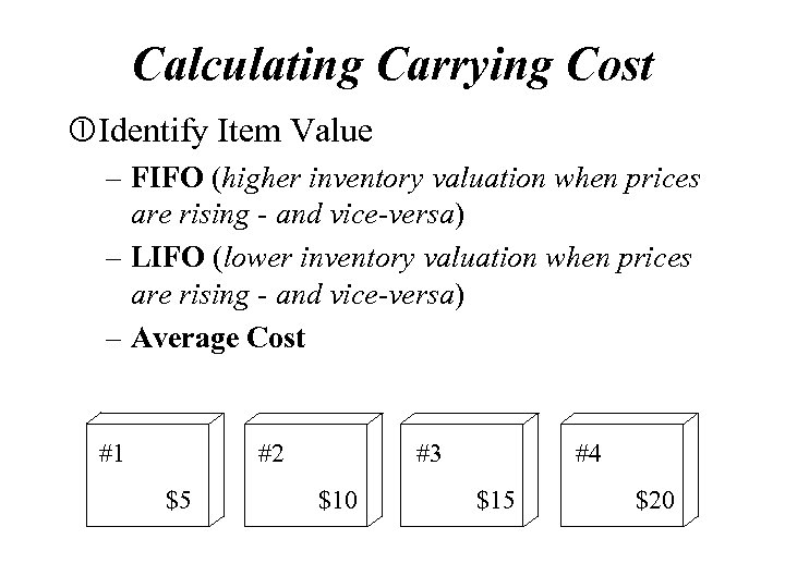 Calculating Carrying Cost Identify Item Value – FIFO (higher inventory valuation when prices are