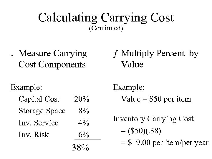 Calculating Carrying Cost (Continued) ‚ Measure Carrying Cost Components ƒ Multiply Percent by Value