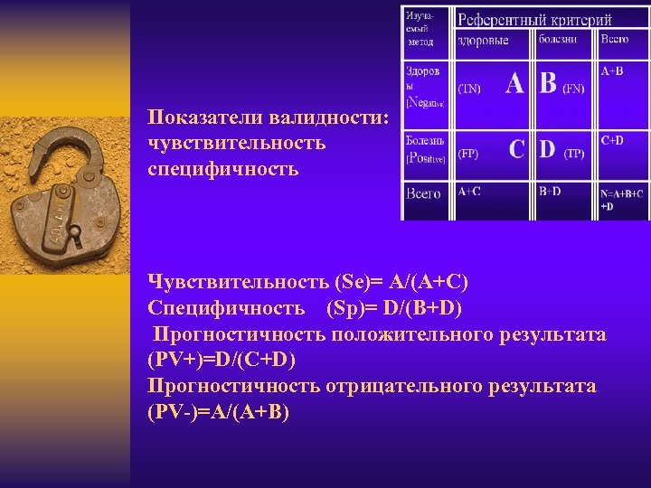 Показатели валидности: чувствительность специфичность Чувствительность (Se)= A/(A+C) Специфичность (Sp)= D/(B+D) Прогностичность положительного результата (PV+)=D/(C+D)