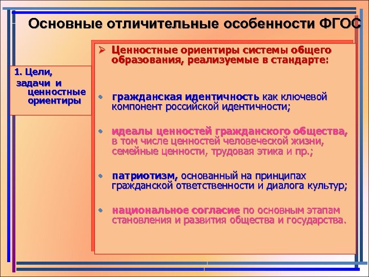 Основные отличительные особенности ФГОС Ø Ценностные ориентиры системы общего образования, реализуемые в стандарте: 1.