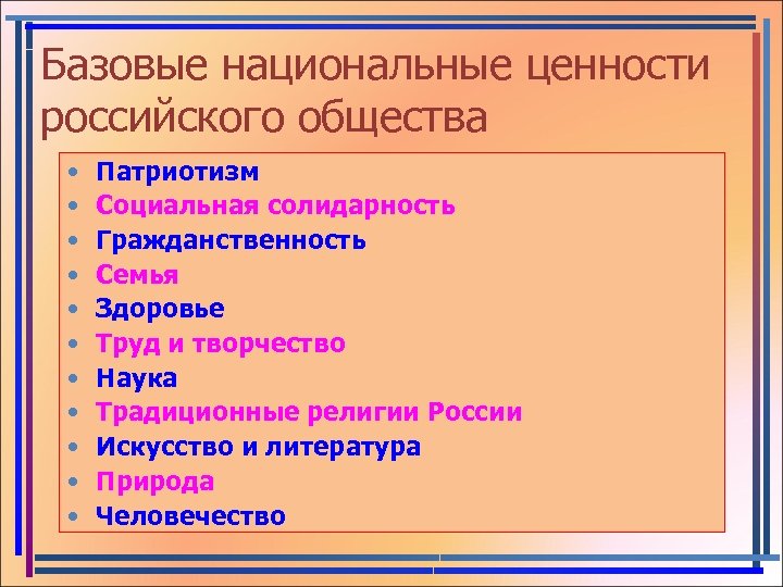 Базовые национальные ценности российского общества • • • Патриотизм Социальная солидарность Гражданственность Семья Здоровье