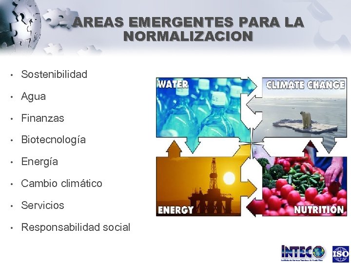 AREAS EMERGENTES PARA LA NORMALIZACION • Sostenibilidad • Agua • Finanzas • Biotecnología •