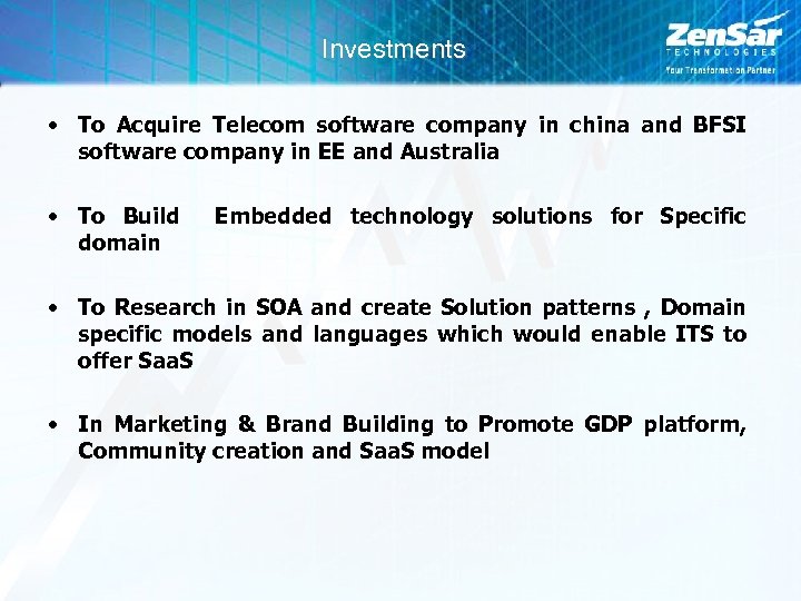 Investments • To Acquire Telecom software company in china and BFSI software company in