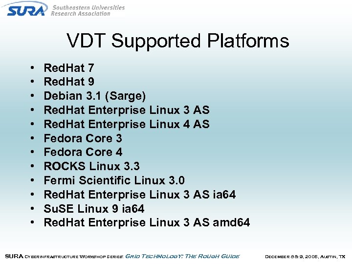 VDT Supported Platforms • • • Red. Hat 7 Red. Hat 9 Debian 3.