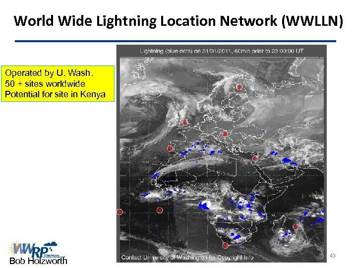 World Wide Lightning Location Network (WWLLN) Operated by U. Wash. 50 + sites worldwide