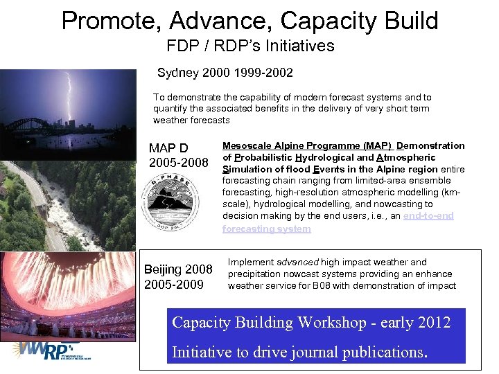 Promote, Advance, Capacity Build FDP / RDP’s Initiatives Sydney 2000 1999 -2002 To demonstrate