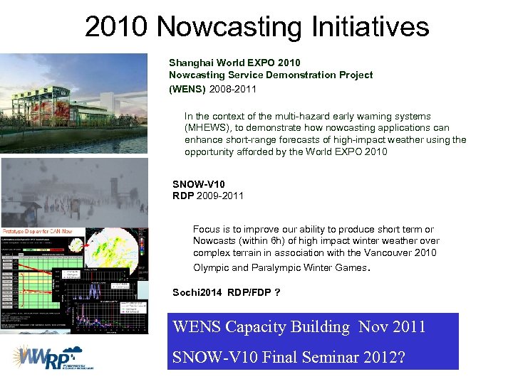 2010 Nowcasting Initiatives Shanghai World EXPO 2010 Nowcasting Service Demonstration Project (WENS) 2008 -2011