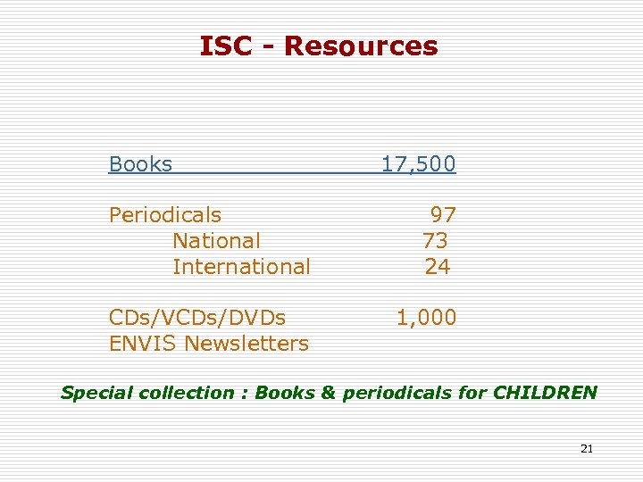 ISC - Resources Books 17, 500 Periodicals National International 97 73 24 CDs/VCDs/DVDs ENVIS