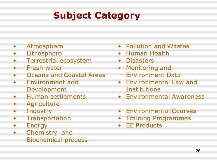 Subject Category • • • Atmosphere Lithosphere Terrestrial ecosystem Fresh water Oceans and Coastal