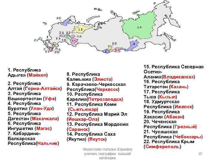 1. Республика Адыгея (Майкоп) 8. Республика Калмыкия (Элиста) 2. Республика 9. Карачаево-Черкесская Алтай (Горно-Алтайск)