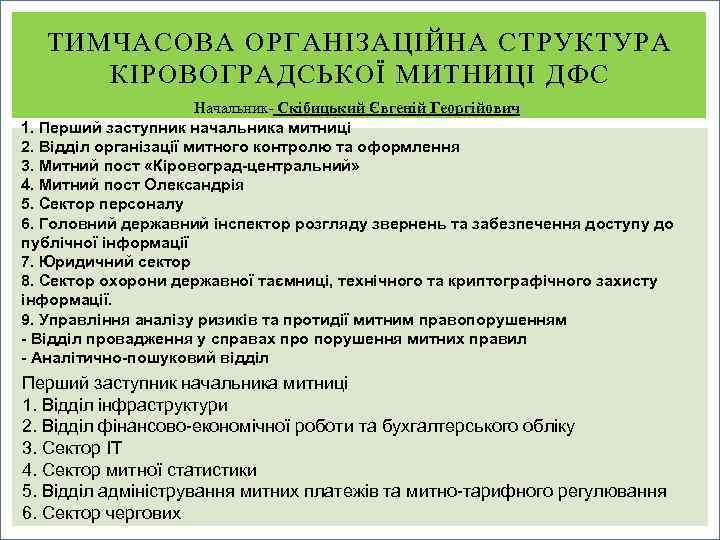 ТИМЧАСОВА ОРГАНІЗАЦІЙНА СТРУКТУРА КІРОВОГРАДСЬКОЇ МИТНИЦІ ДФС Начальник- Скібицький Євгеній Георгійович 1. Перший заступник начальника
