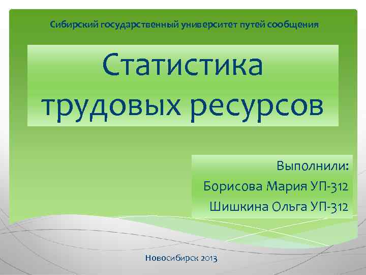 Сибирский государственный университет путей сообщения Статистика трудовых ресурсов Выполнили: Борисова Мария УП-312 Шишкина Ольга