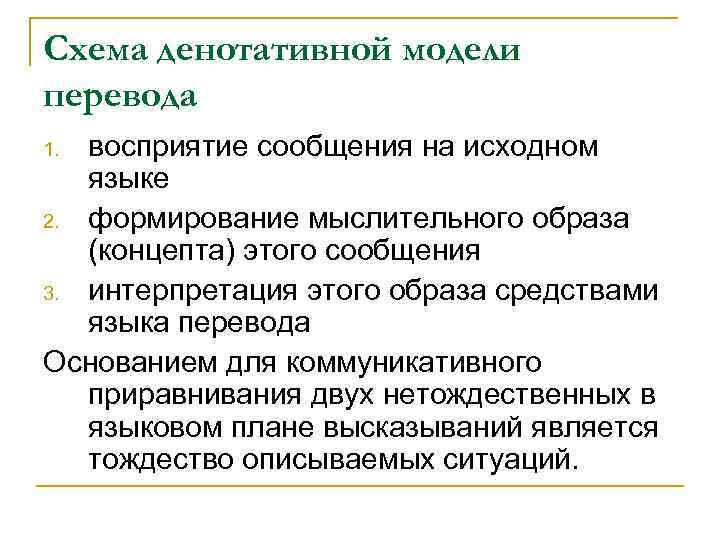 Схема денотативной модели перевода восприятие сообщения на исходном языке 2. формирование мыслительного образа (концепта)