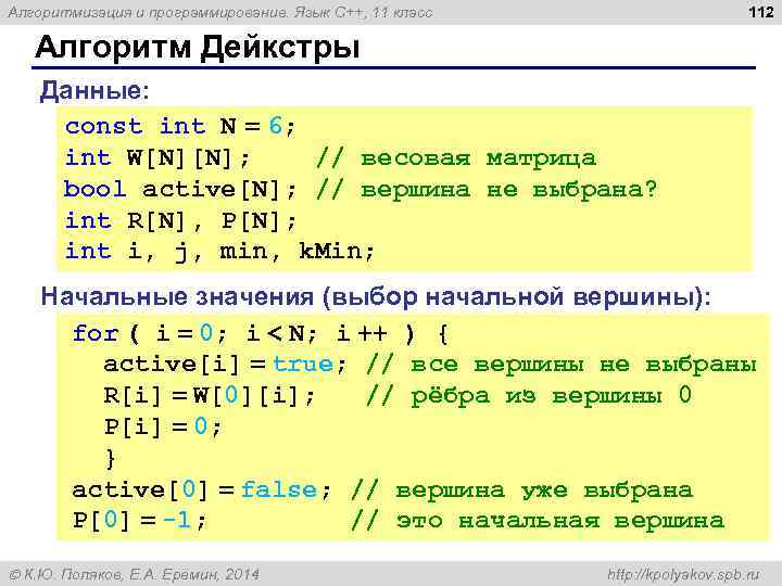 112 Алгоритмизация и программирование. Язык C++, 11 класс Алгоритм Дейкстры Данные: const int N