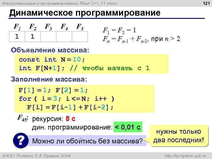 121 Алгоритмизация и программирование. Язык C++, 11 класс Динамическое программирование F 1 1 F