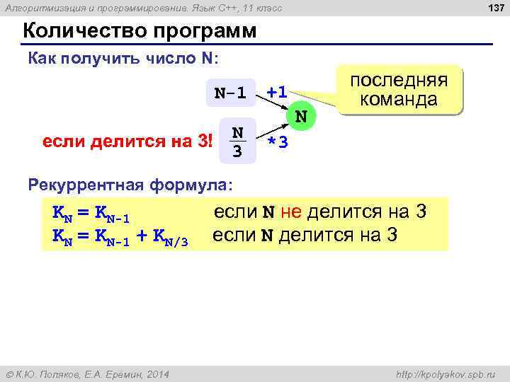 137 Алгоритмизация и программирование. Язык C++, 11 класс Количество программ Как получить число N: