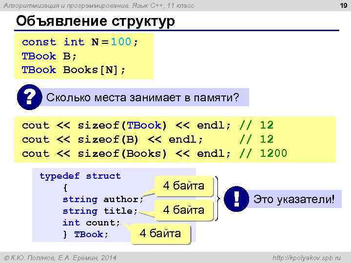 19 Алгоритмизация и программирование. Язык C++, 11 класс Объявление структур const int N =