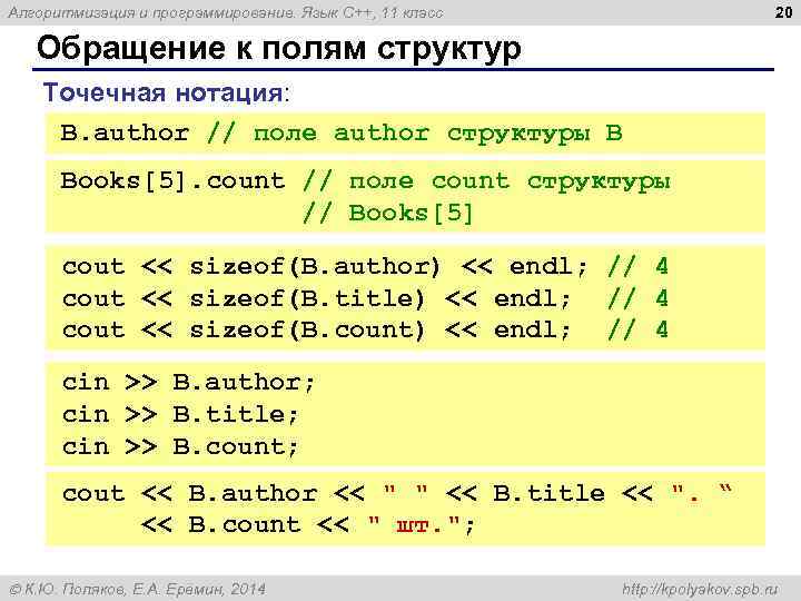 20 Алгоритмизация и программирование. Язык C++, 11 класс Обращение к полям структур Точечная нотация: