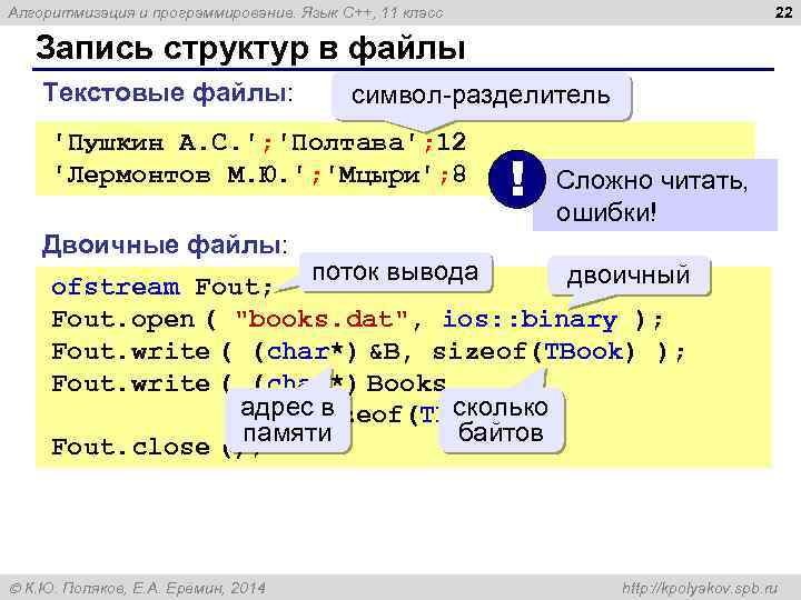 22 Алгоритмизация и программирование. Язык C++, 11 класс Запись структур в файлы Текстовые файлы: