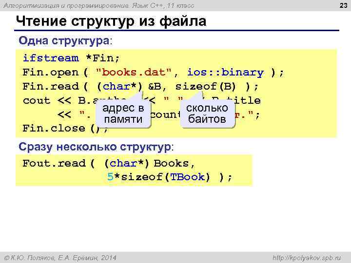 23 Алгоритмизация и программирование. Язык C++, 11 класс Чтение структур из файла Одна структура: