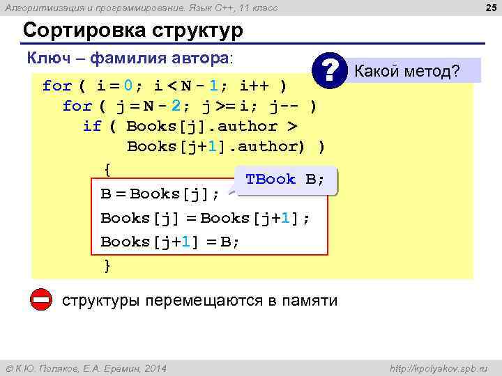 25 Алгоритмизация и программирование. Язык C++, 11 класс Сортировка структур Ключ – фамилия автора: