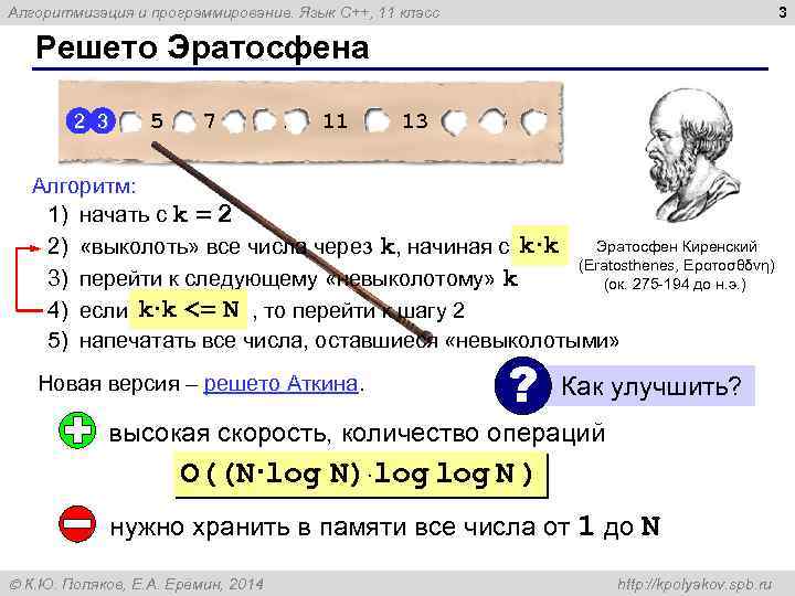 3 Алгоритмизация и программирование. Язык C++, 11 класс Решето Эратосфена 2 2 3 4