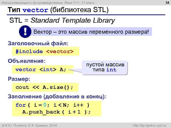 34 Алгоритмизация и программирование. Язык C++, 11 класс Тип vector (библиотека STL) STL =