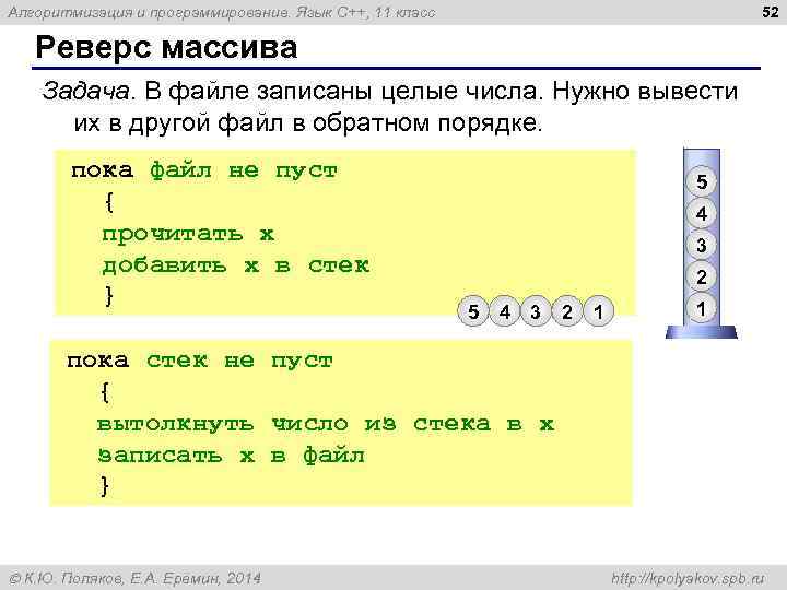 52 Алгоритмизация и программирование. Язык C++, 11 класс Реверс массива Задача. В файле записаны