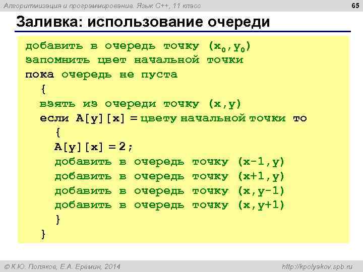 65 Алгоритмизация и программирование. Язык C++, 11 класс Заливка: использование очереди добавить в очередь