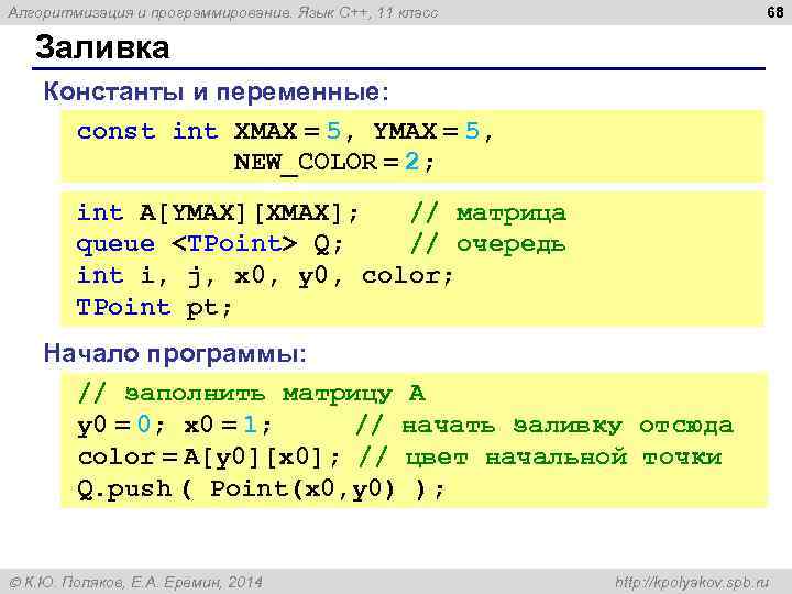 68 Алгоритмизация и программирование. Язык C++, 11 класс Заливка Константы и переменные: const int