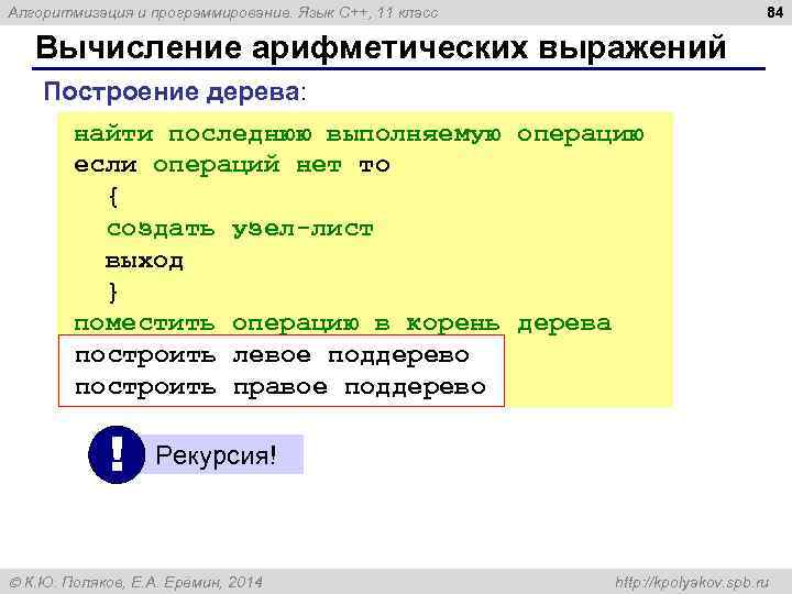 84 Алгоритмизация и программирование. Язык C++, 11 класс Вычисление арифметических выражений Построение дерева: найти