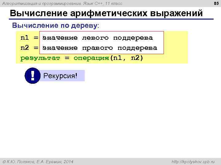 85 Алгоритмизация и программирование. Язык C++, 11 класс Вычисление арифметических выражений Вычисление по дереву: