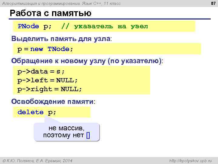 Алгоритмизация и программирование. Язык C++, 11 класс 87 Работа с памятью PNode p; //