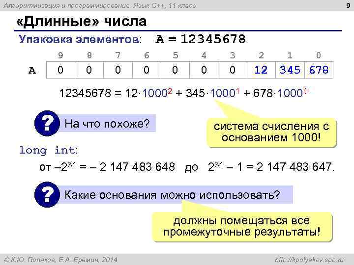 9 Алгоритмизация и программирование. Язык C++, 11 класс «Длинные» числа A = 12345678 Упаковка