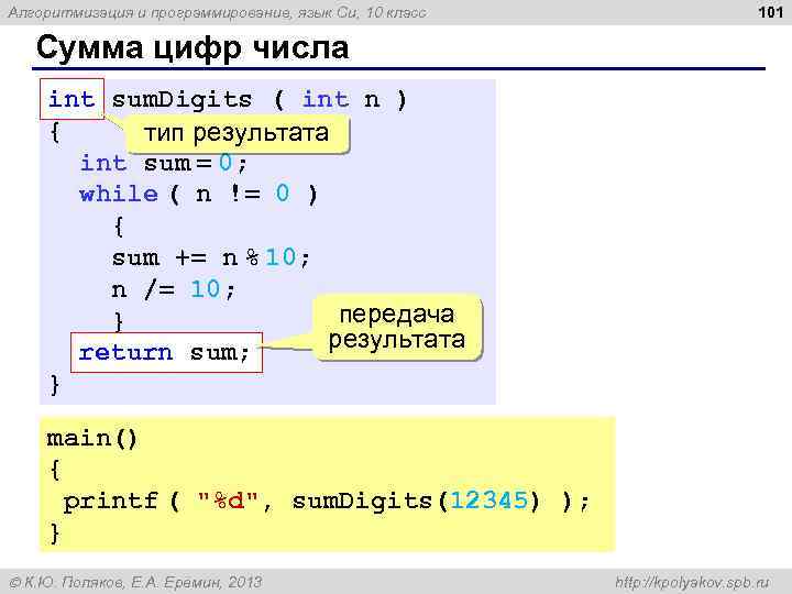 Алгоритмизация и программирование, язык Си, 10 класс 101 Сумма цифр числа int sum. Digits