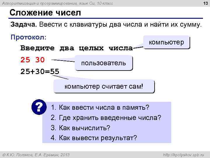 13 Алгоритмизация и программирование, язык Си, 10 класс Сложение чисел Задача. Ввести с клавиатуры