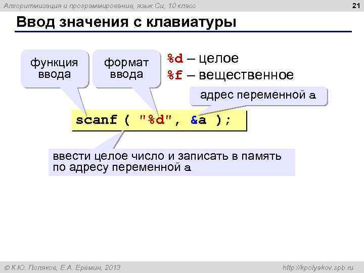 21 Алгоритмизация и программирование, язык Си, 10 класс Ввод значения с клавиатуры функция ввода