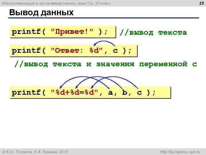 25 Алгоритмизация и программирование, язык Си, 10 класс Вывод данных printf( 