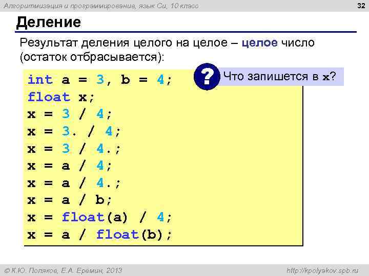 32 Алгоритмизация и программирование, язык Си, 10 класс Деление Результат деления целого на целое