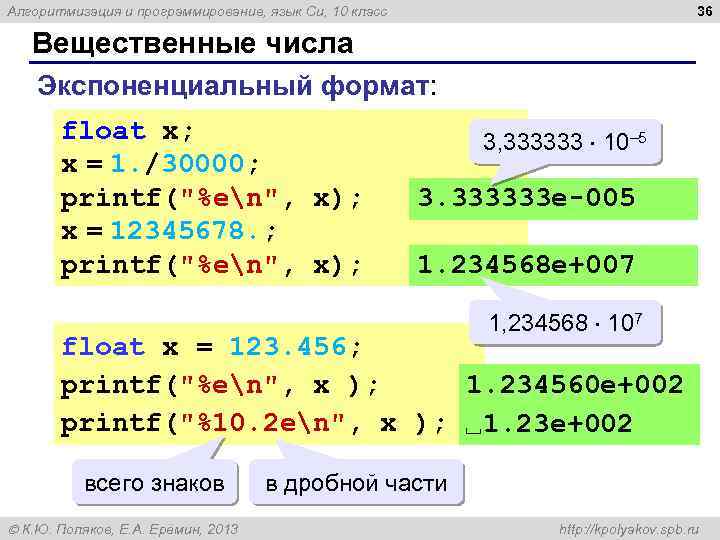 36 Алгоритмизация и программирование, язык Си, 10 класс Вещественные числа Экспоненциальный формат: float x;