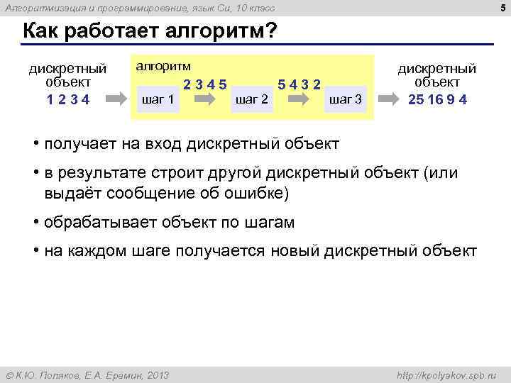 5 Алгоритмизация и программирование, язык Си, 10 класс Как работает алгоритм? дискретный объект 1234